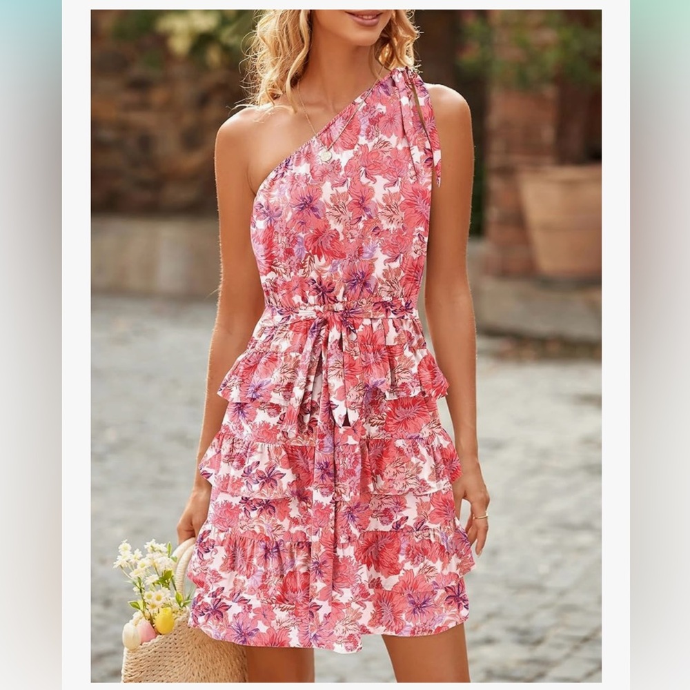 🌸BTFBM Pink and White One-Shoulder Sundress
